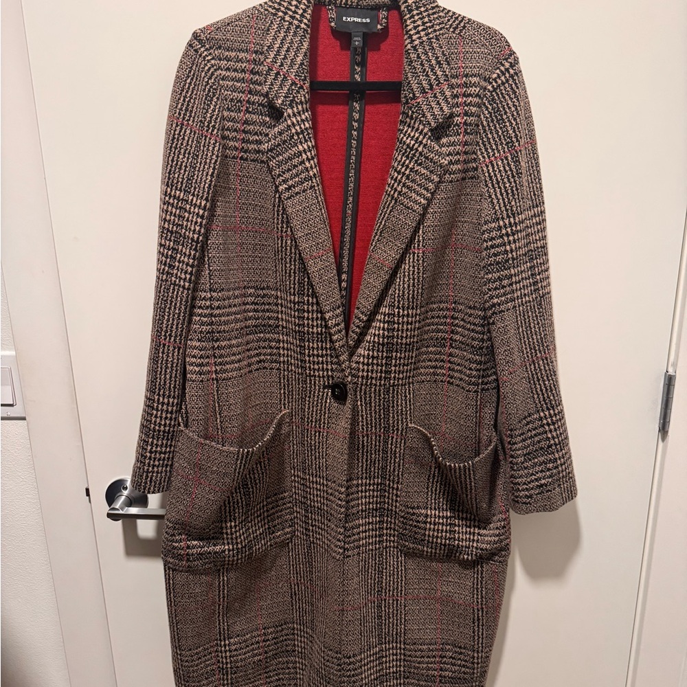 Express Women's Trench Coat - Brown and Red Plaid